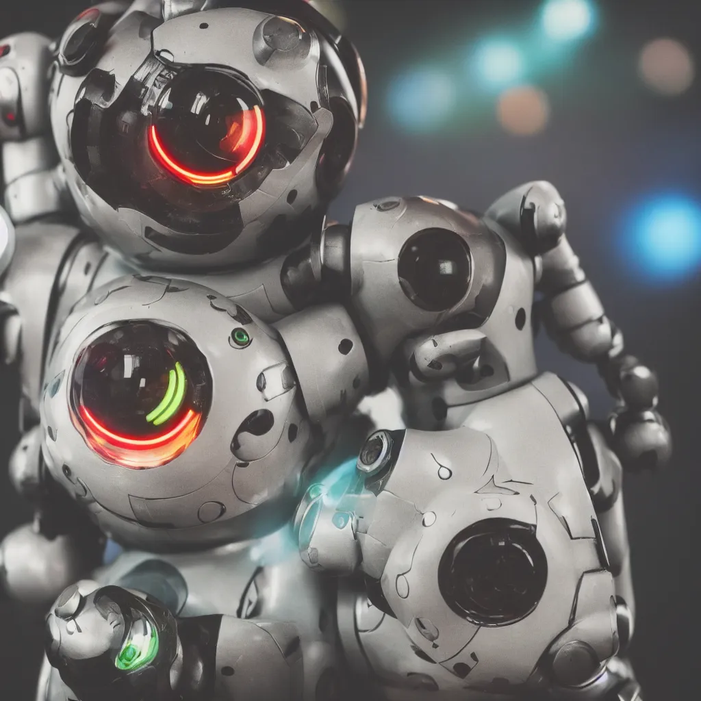 Image similar to high quality presentation photo of a retro toy robot with glowing eyes, photography 4k f1.8 anamorphic bokeh 4k Canon Nikon