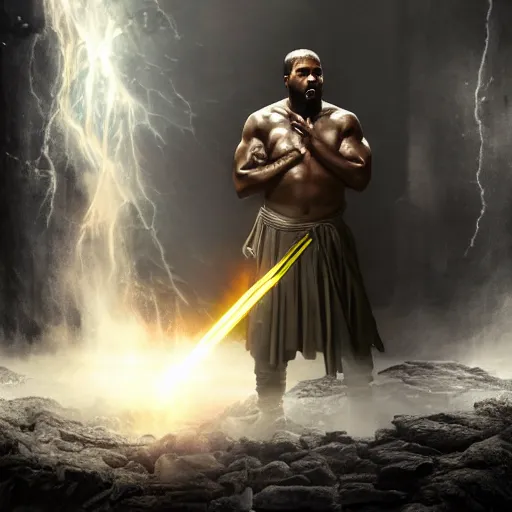 Prompt: kanye west as zeus!!!, god of thunder, greek god, white robe, thunderbolt, in mortal kombat, gears of war, mythology, fantasy, detailed face, splash art, movie still, cinematic lighting, dramatic, octane render, long lens, shallow depth of field, bokeh, anamorphic lens flare, 8 k, hyper detailed, 3 5 mm film grain