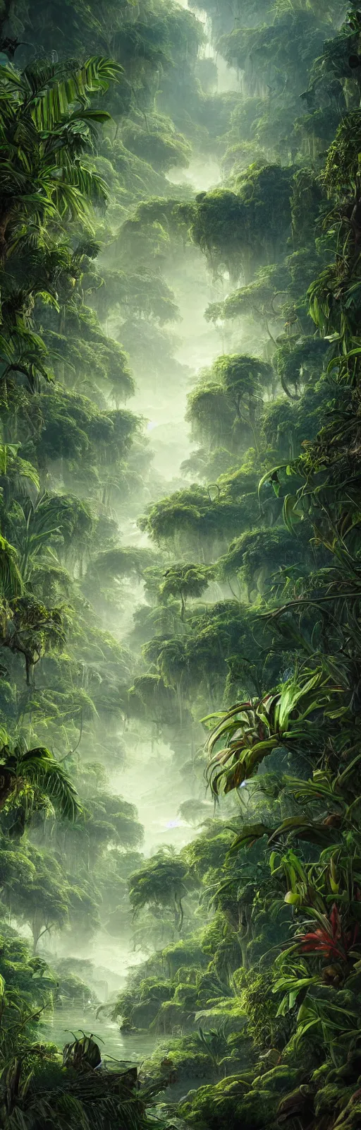 Image similar to painting of a jungle scene on an alien planet by vincent bons. ultra sharp high quality digital render. detailed. beautiful landscape. weird vegetation. water.