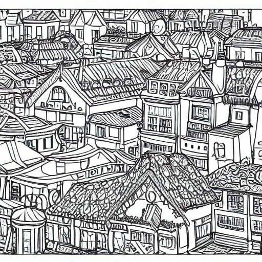 Image similar to an adult coloring page studio ghibli style town