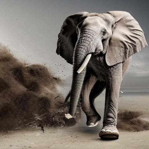 Image similar to an elephant falling apart and crumbling to dust to the air, photorealistic