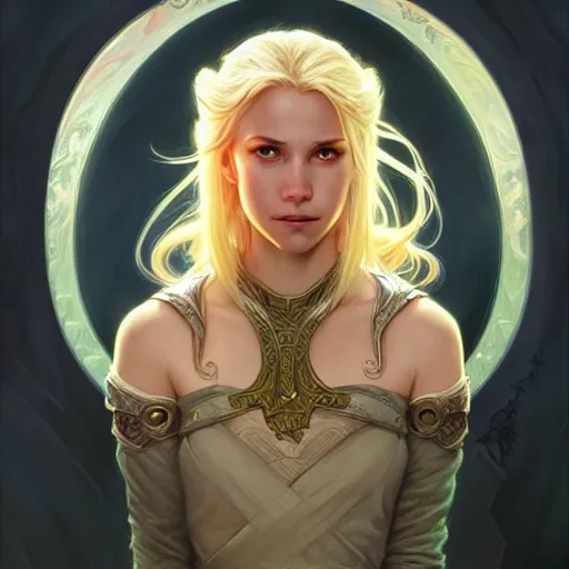 Image similar to an epic fantasy comic book style head portrait painting of a young blonde girl thief, d & d, fantasy, joyful smirk, intricate, elegant, digital painting, artstation, concept art, matte, sharp focus, illustration, art by artgerm and greg rutkowski and alphonse mucha