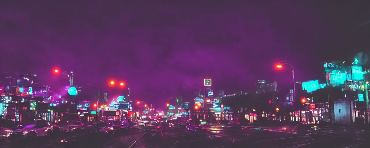 Prompt: a rainy Seattle, fog surrounding the streets, midnight, neon lights, cinematic lighting, cineovision, purple clouds surrounding the dark sky