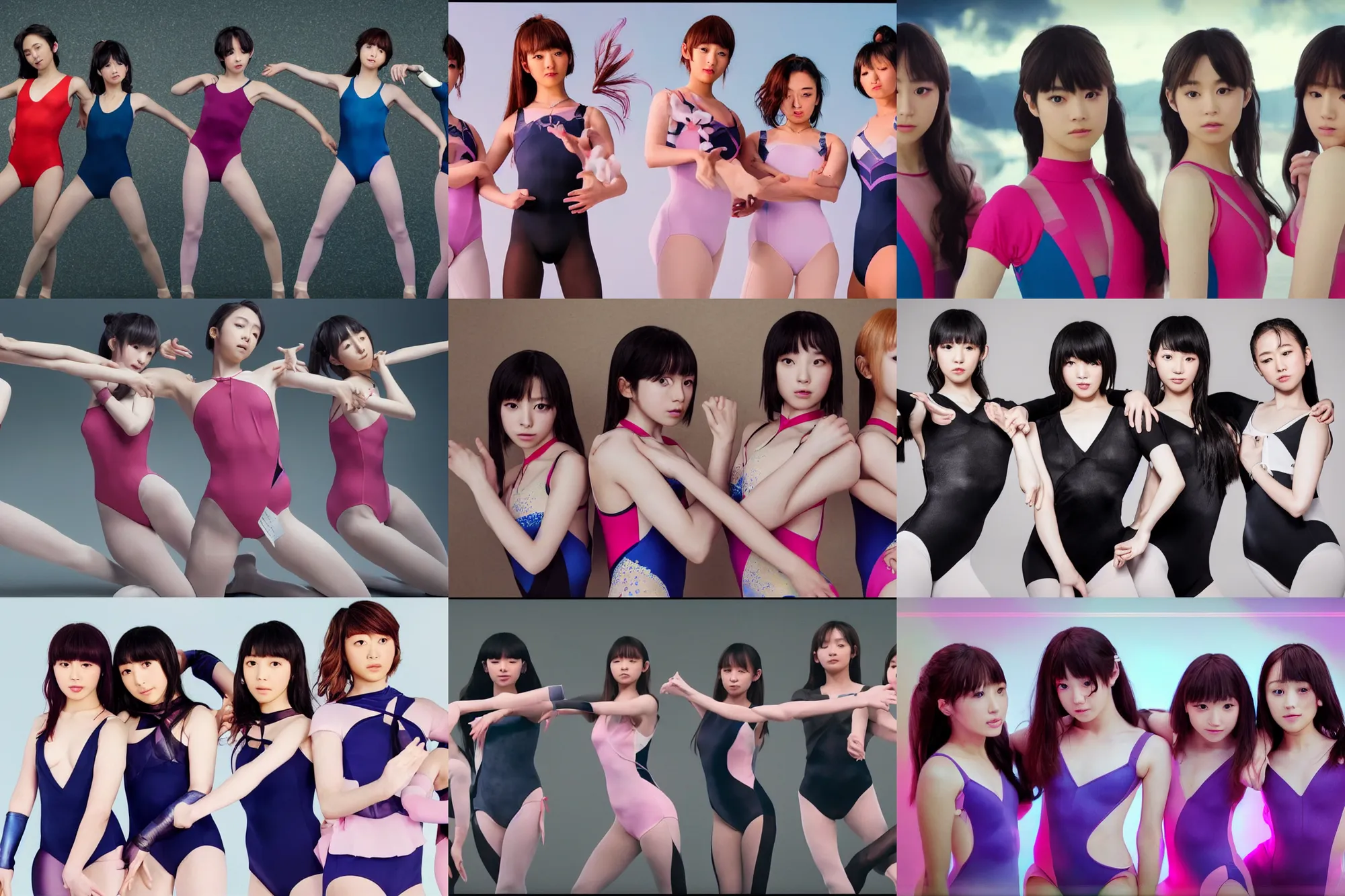 Prompt: unbelievably beautiful, perfect, dynamic, epic, cinematic 8 k hd movie shot, three beautiful cute young j - pop idols actresses in japanese girl band, posing together in leotards. motion, vfx, inspirational arthouse, high budget, hollywood style, at behance, at netflix, with instagram filters, photoshop, adobe lightroom, adobe after effects, taken with polaroid kodak portra