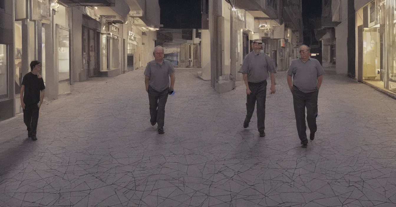 Prompt: todd solondz, high quality high detail image of todd solondz walking with a friend in an empty tel aviv street, clear sharp face of todd solondz, night, by lucian freud and gregory crewdson and francis bacon, hd, photorealistic lighting