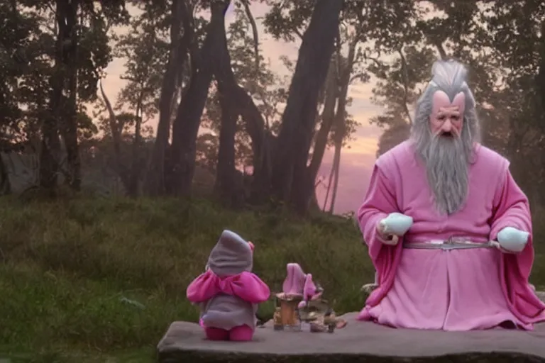 Image similar to portrait of Gandalf wearing pink Hello kitty costume, smiling warmly, sunrise, movie still from Lord of the Rings, cinematic