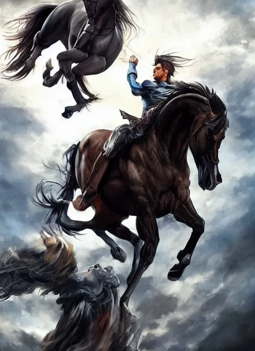 Image similar to the singular horseman of the apocalypse is riding a strong fierce ferocious black stallion, horse is up on its hind legs, the strong male rider is carrying the scales of justice, beautiful artwork by artgerm and rutkowski, breathtaking, beautifully lit, dramatic