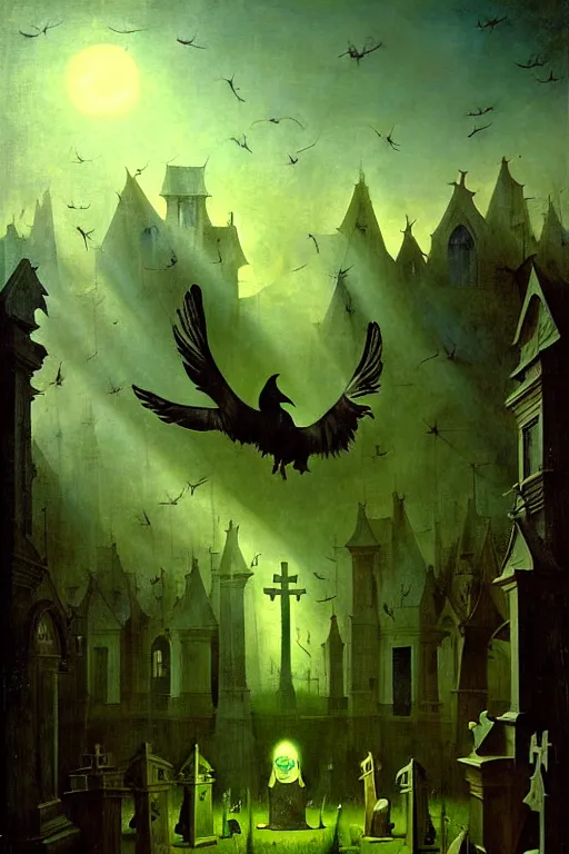 Prompt: hieronymus bosch, greg rutkowski, anna podedworna, painting of a hand made of raven feathers reaching down from the clouds, god rays, wide shot of a graveyard lit by spooky green lights