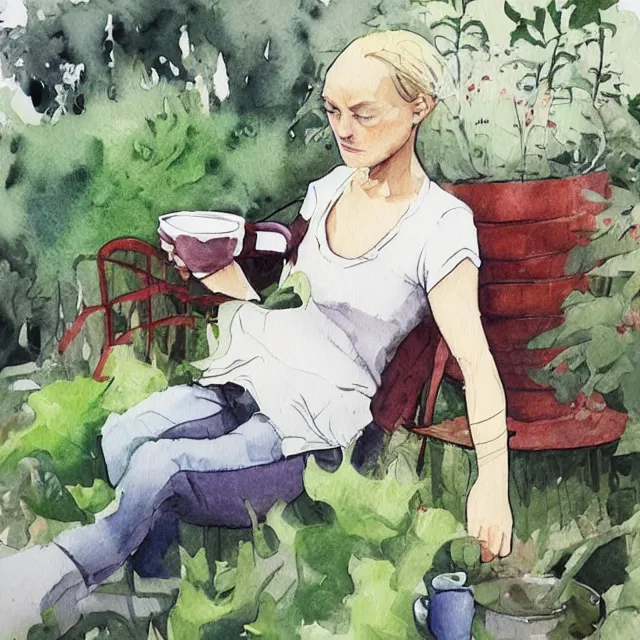 Prompt: laura virtanen drinking coffee in the garden. watercolor by the award - winning concept artist