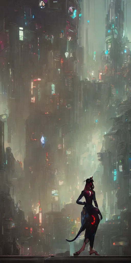 Prompt: a detailed concept art of a single woman against the background of an cyberpunk city , artstation, by Peter Mohrbacher, Art Nouveau, sophisticated, Unreal engine, intricate