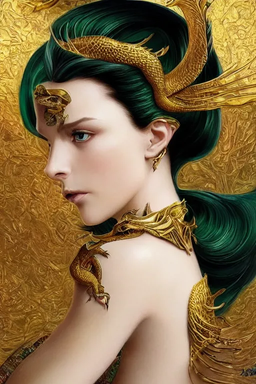 Prompt: a seductive beautiful lithuanian woman with a perfect anime face!!! shiny green iridescent dragon scale skin, serpentine features, bust portrait, gold jewelry, dnd, face, fantasy, intricate, elegant, highly detailed, digital painting, artstation, concept art, smooth, sharp focus, illustration, art by artgerm and greg rutkowski and alphonse mucha