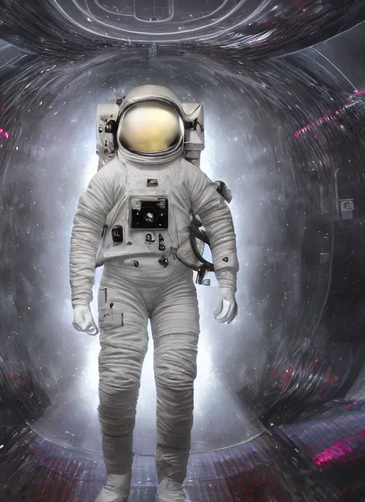 Prompt: concept art by craig mullins astronaut in futuristic dark and empty spaceship underwater infrared selfie. infrared glowing lights. complex and hyperdetailed technical suit. reflection and dispersion materials. rays and dispersion of light. volumetric light. 5 0 mm, f / 3 2. noise film photo. flash photography. unreal engine 4, octane render. interstellar movie art