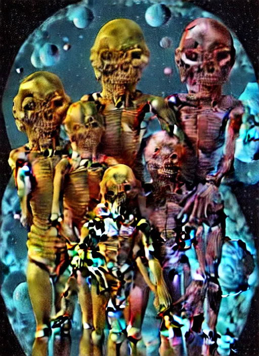 Prompt: detailed image of a creepy family in the deep space by richard corben, by Ernest Renard, rich deep colors. Masterpiece! intricate artwork, very coherent symmetrical artwork, cinematic, hyper realism, high detail, octane render, unreal engine, 8k, Vibrant colors, Smooth gradients, High contrast, depth of field. by Katsuhiro Otomo, full body character drawing, inspired by Evangeleon, clean ink detailed line drawing, intricate detail, extremely detailed.