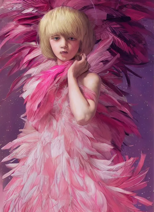 Image similar to beautiful little girl with an pink eccentric haircut wearing an dress made of feathers dancing on stage, artwork made by ilya kuvshinov, inspired in donato giancola, hd, ultra realistic, reflection, flowers, light stage