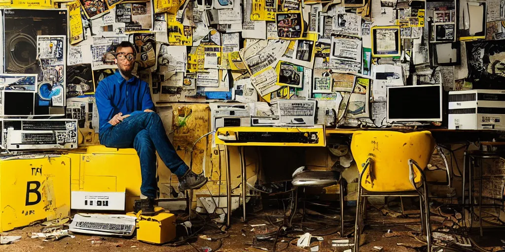 Prompt: typical cryptocurrency nerd, sitting in front of old 9 0's computer, prominent yellow bitcoin poster on wall, shilling, crt tubes, cables everywhere, damp basement decay fat and dirty, scruffy looking, claustrophobia, humidity mold, award - winning photomanipulation, analog horror style