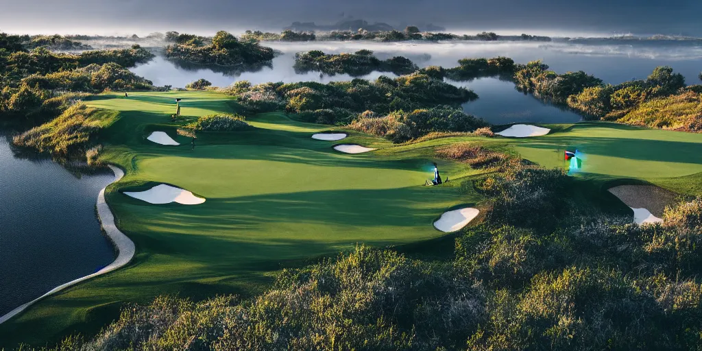 Image similar to a great photograph of the most amazing golf hole in the world completely surrounded by water, calm water, perfect light, ambient light, 5 0 mm, golf digest, top 1 0 0, fog