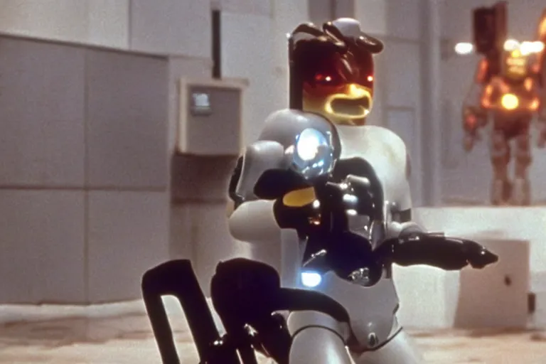 Image similar to Terminator Pikachu scene where his endoskeleton gets exposed still from the film, 1980s