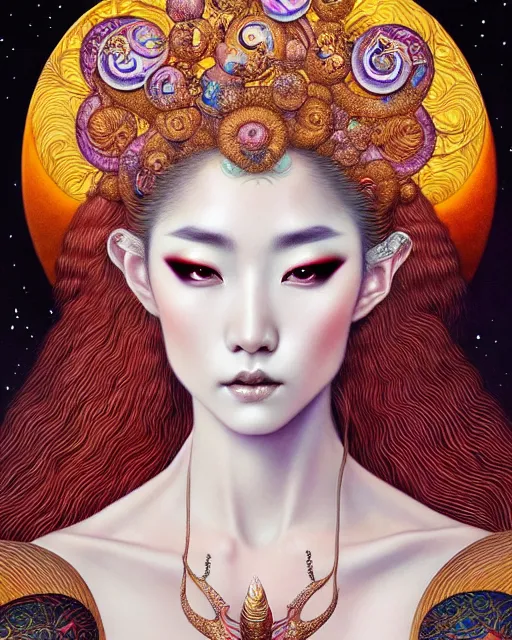 Image similar to portrait of a beautiful moon goddess, unusual beauty, esoteric, other worldly colors, head in focus, fantasy art, ornamental aesthetics, intricate, elegant, highly detailed hyperrealistic painting, artstation, concept art, painterly, sharp focus, illustration, art by chie yoshii