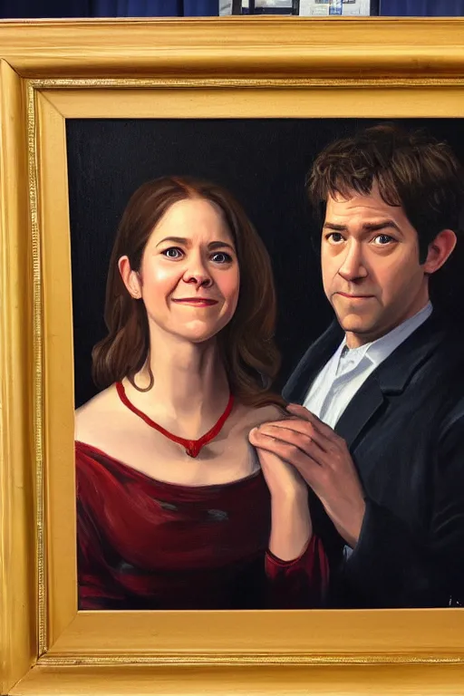 Image similar to portrait painting of jim halpert and pam beesly, in the style of caravaggio