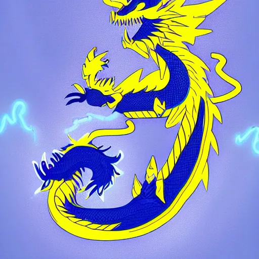 Prompt: illustration neon blue and yellow chinese dragon with ukraine background. trending on artstation