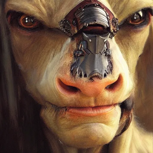 Image similar to cow warrior as a realistic fantasy knight, closeup portrait art by donato giancola and greg rutkowski, realistic face, digital art, trending on artstation, symmetry!!