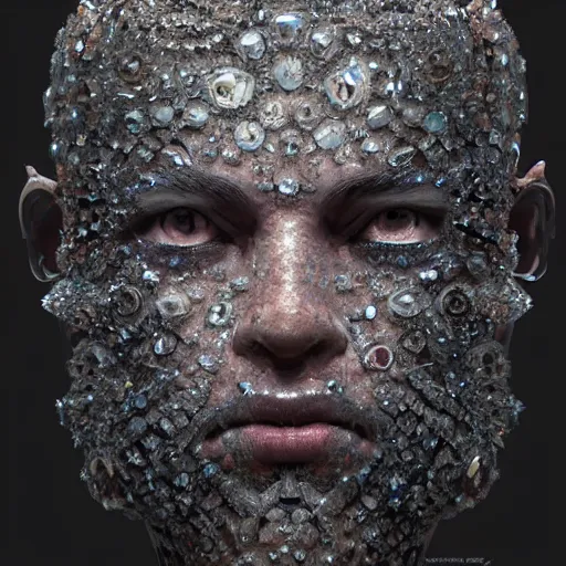 Prompt: portrait of a crystal face made of crystals 3 / 4 bottom view ominous, intricate, studio, art by anthony macbain + greg rutkowski + alphonse mucha, concept art, 4 k, sharp focus