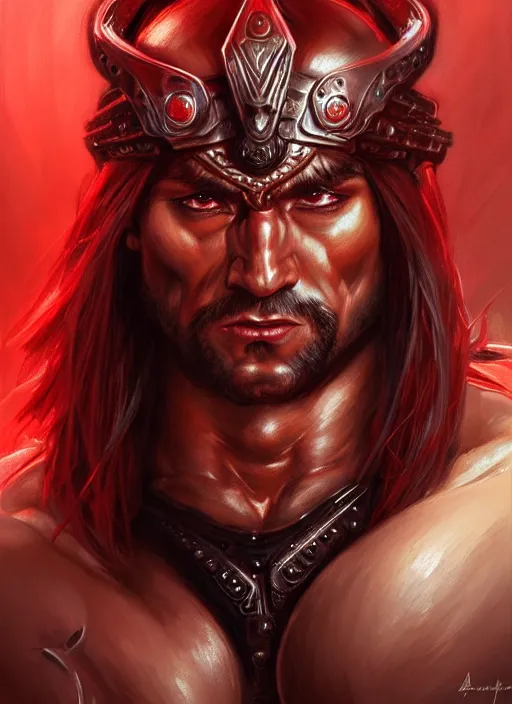 Image similar to portrait of aggresive conan the barbarian, d & d, muscular! athetic slim bodybuilder, red and black, futuristic, fantasy, intricate, elegant, highly detailed, digital painting, artstation, concept art, smooth, sharp focus, illustration, art by artgerm and greg rutkowski and alphonse mucha
