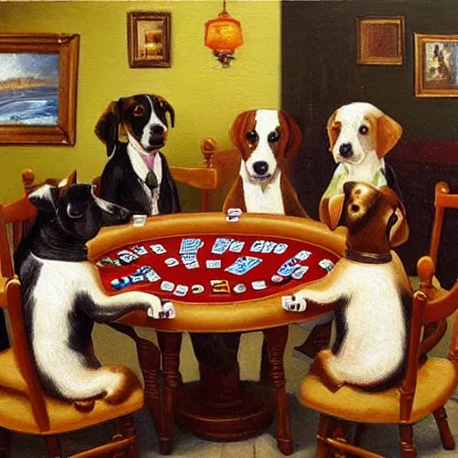 Prompt: 4 dogs playing poker oil painting high detail,