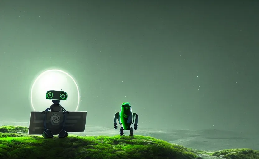 Prompt: lonely robot on the moon, artstation, cinematic, atmospheric, wide shot, hd render, bright green moss, alien wildlife
