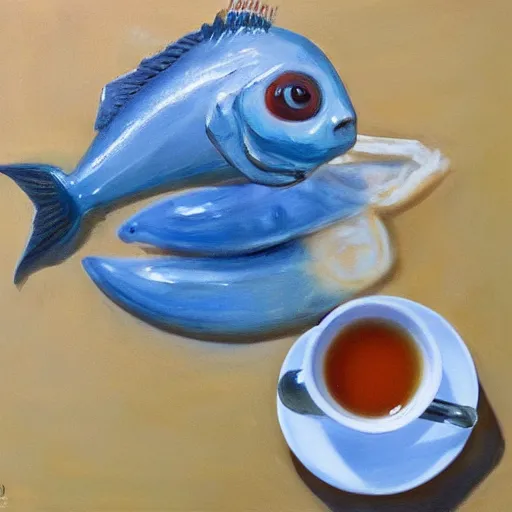 Image similar to a real fish is drinking from a cup of tea, photorealism