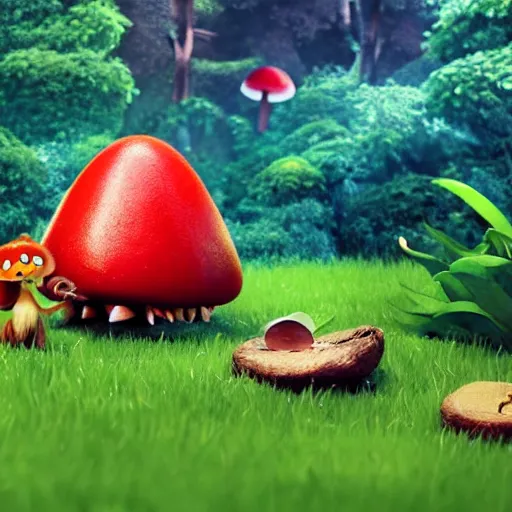 Image similar to a nature photo of a cute, adorable, fury monster eating bugs for lunch while sitting on a red mushroom in the fantasy forest, in the style of Pixar, extremely detailed, wide shot, sharp and detailed, Octane render