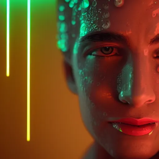 Image similar to a human portrait made out of rain, neon, beautiful, rendered in octane, unreal engine