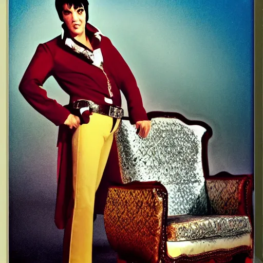 Prompt: elvis as king of the world, sitting on his throne in his castle