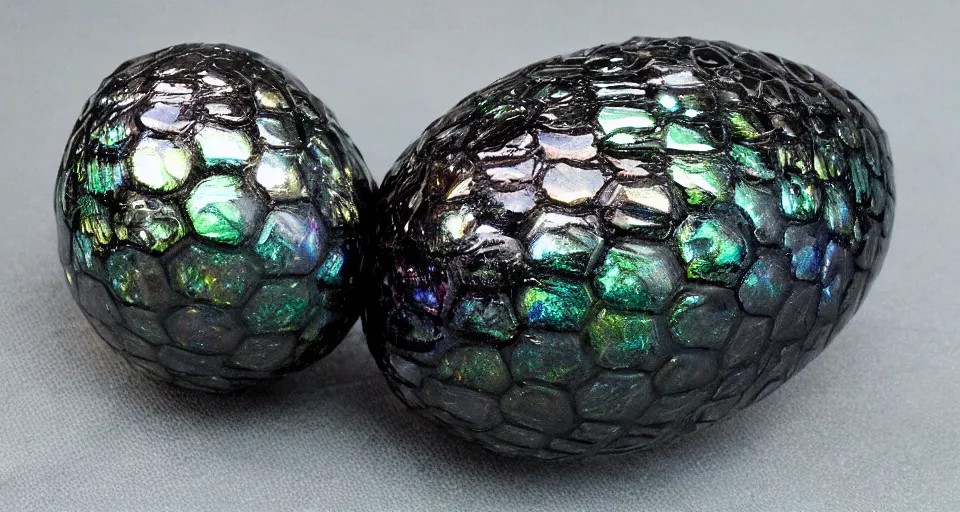 Image similar to Dragon Egg, Prismatic Dragon Scales, obsidian rock ground, photo realistic,ornate, highly detailed