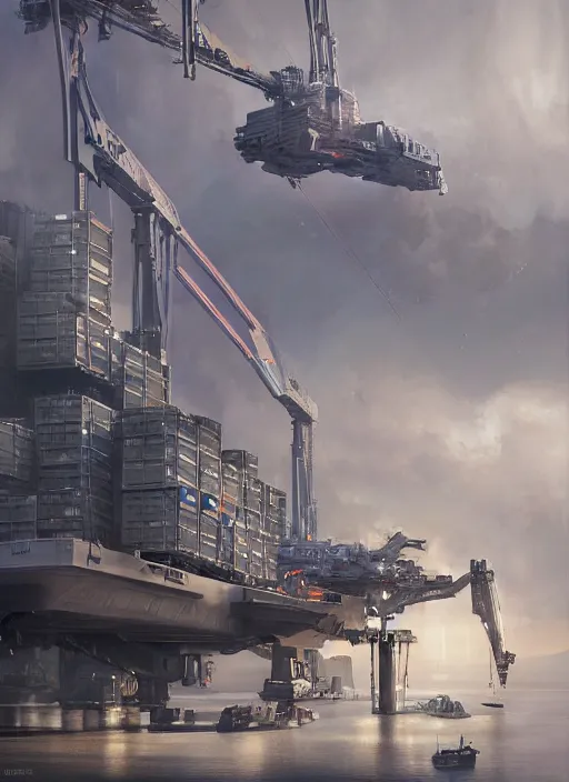 Prompt: hyper realistic sci - fi matte concept art painting of robotic cranes loading containers onto starships, beautiful details, strong composition painted by kim jung guweta studio rutkowski, james gurney and greg rutkowski, and lucasfilm, smooth, intricate, detailed, sharp focus, cinematic