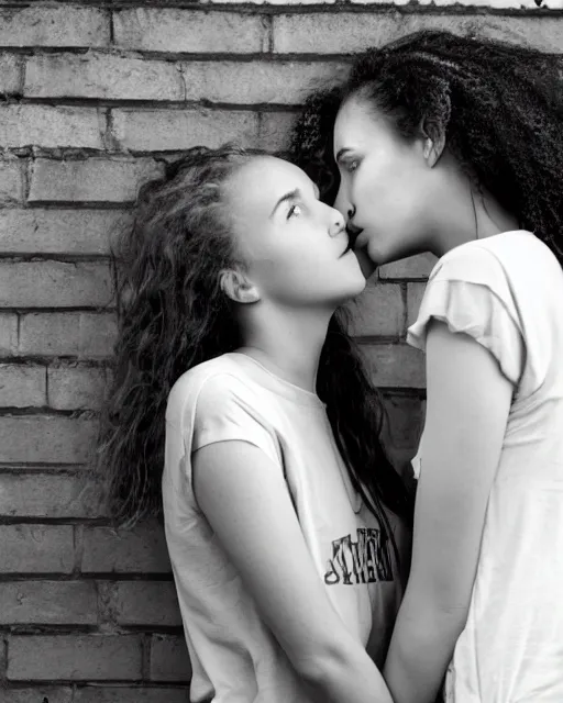 Prompt: black and white photo, two teenage girls stand against a wall, staring lovingly into each other's eyes, about to kiss, cdx