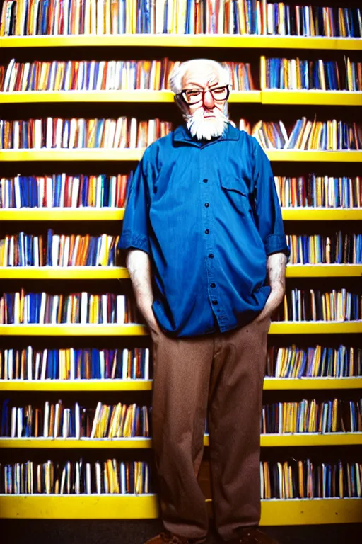 Prompt: a sour, serious faced old man, a stereotypical bookstore employee, colour image, 3 5 mm lens studio photography