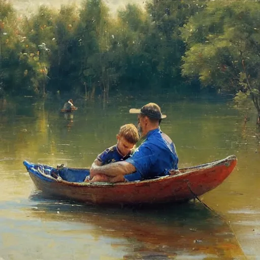 Image similar to painting of dad and son thinking together in boot on a calm lake, by pino daeni