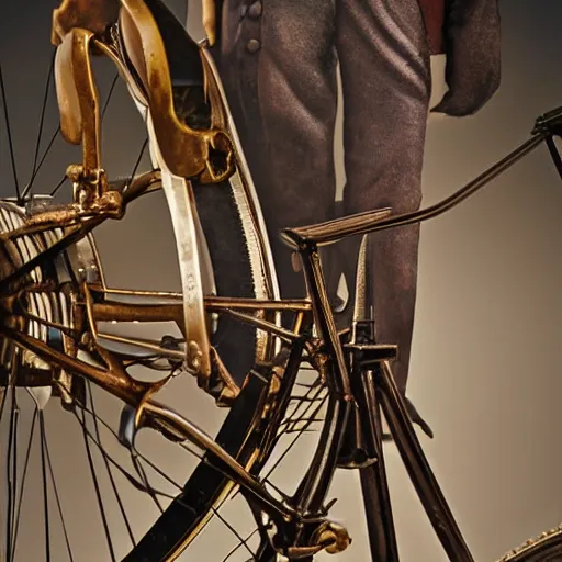 Image similar to close up portrait of a life size victorian steampunk automaton standing in with a bicycle, 8 k, soft lighting, highly detailed realistic, face in focus 1 8 9 0's liminal