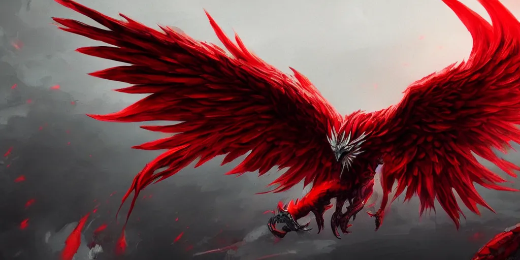 Prompt: artwork of a red phoenix, highly detailed, artstation, night black sky background, smooth illustration, digital art, unreal engine, ultra realistic, fine art, concept art