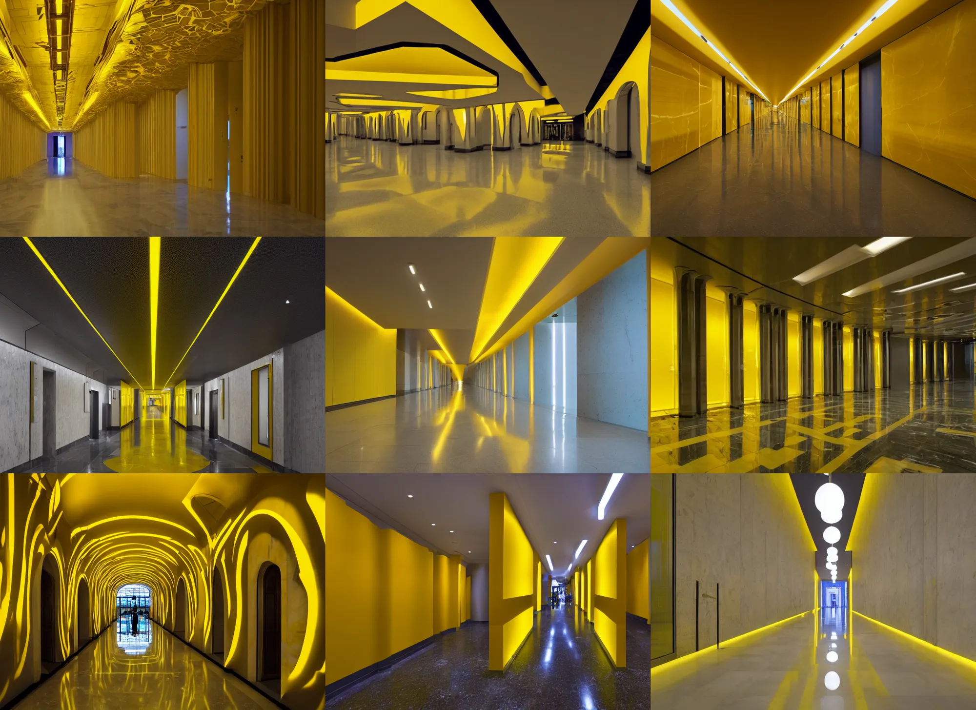 Prompt: yellow marble corridor lit with yellow fluorescent lights, interior, architecture, a bit standing in the middle, IMAX