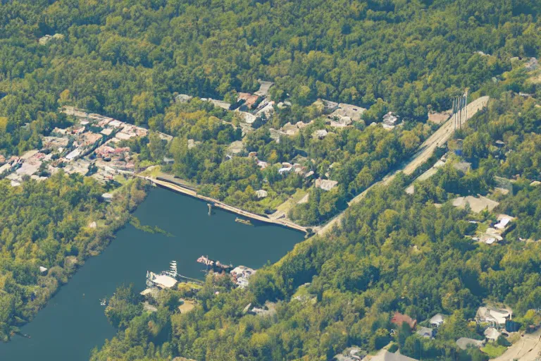 Image similar to bird's eye view of a small city with woods, trailer park, a road, bridge, and lagoon with docking area.