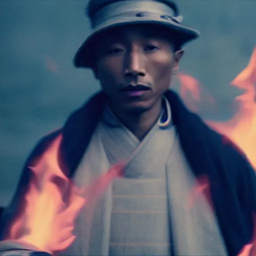 Image similar to cinematic film still Pharrell Williams starring as a Samurai holding fire, Japanese CGI, VFX, 2003, 40mm lens, shallow depth of field,film photography