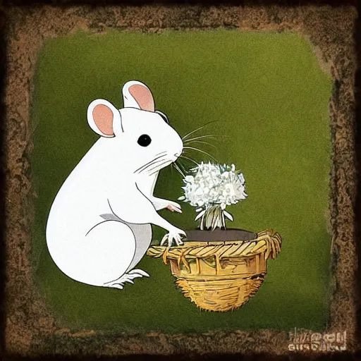 Image similar to white rat holding a flower cinematic composition, studio ghibli, digital art, cute