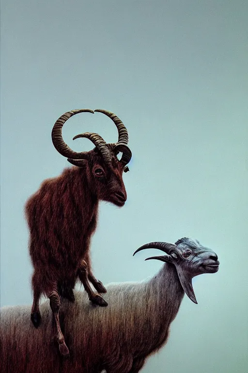 Prompt: painting of hybrid between human andy milonakis and a goat, by zdzislaw beksinski, by tiffany bozic, cold hue's, warm tone gradient background, concept art, beautiful composition, digital painting