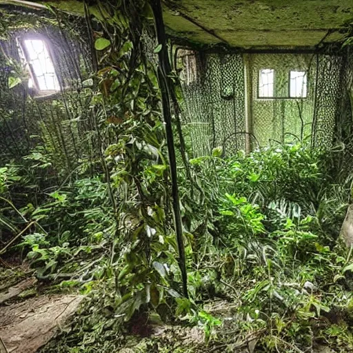 Image similar to abandoned, overgrown, underground bunker. jungle room.