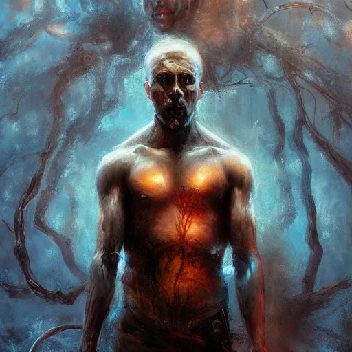 Prompt: tree comming out of man's chest, paint by Raymond Swanland