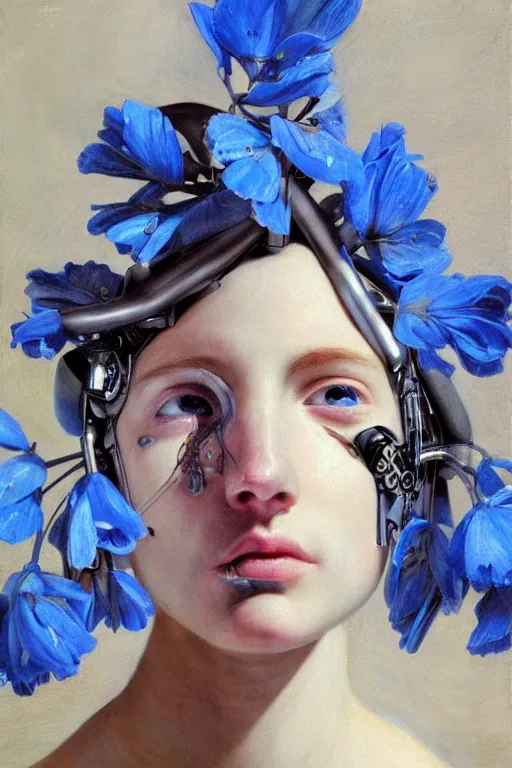 Prompt: hyperrealism, close-up portrait of a young beautiful cyborg, crying, blue flowers as decoration, in style of classicism