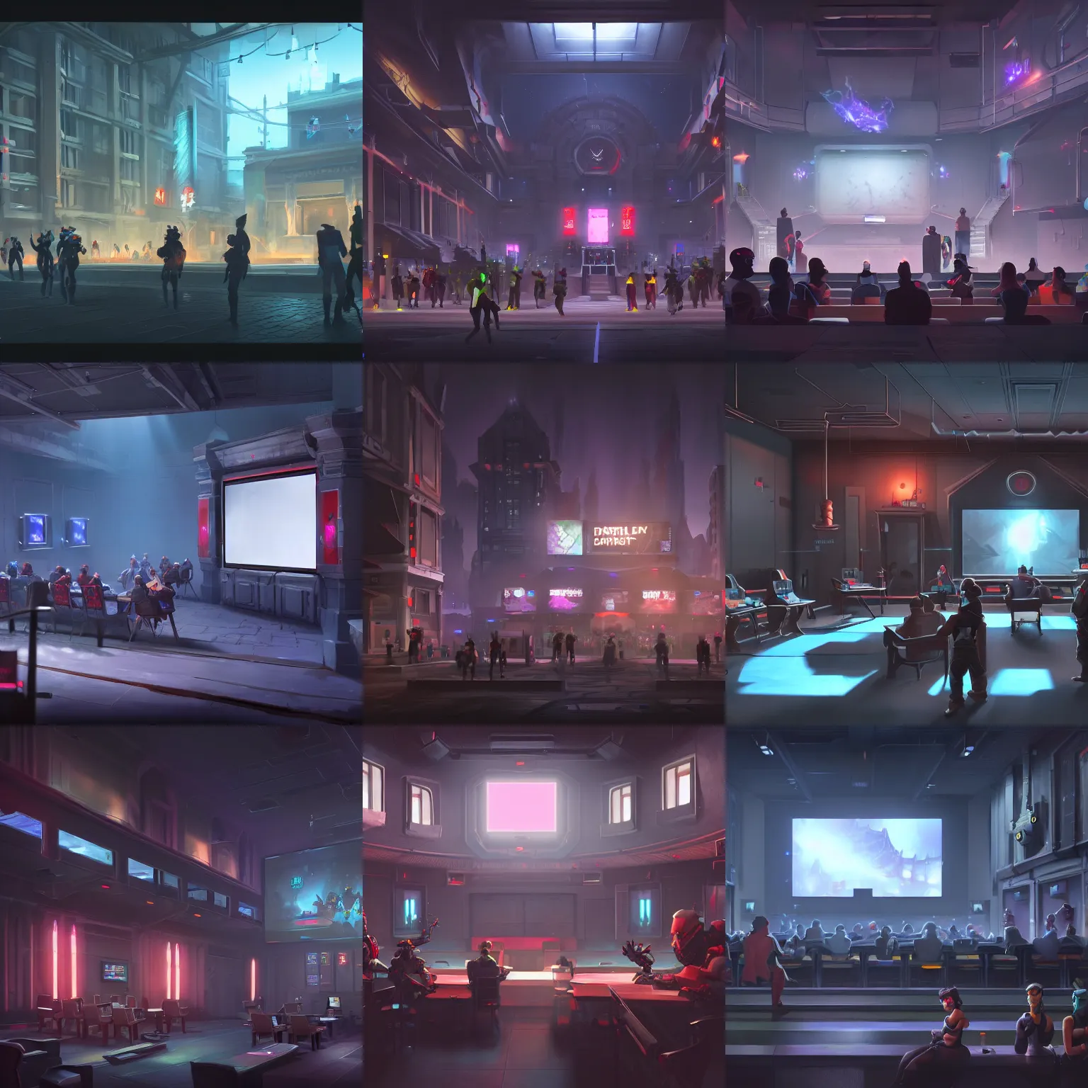Prompt: digital concept art of a very small!!! dark overwatchshow venue with a large bright screen in front of twenty people, grey, realistic, octane render, high detail, environment, sharp focus, artstation