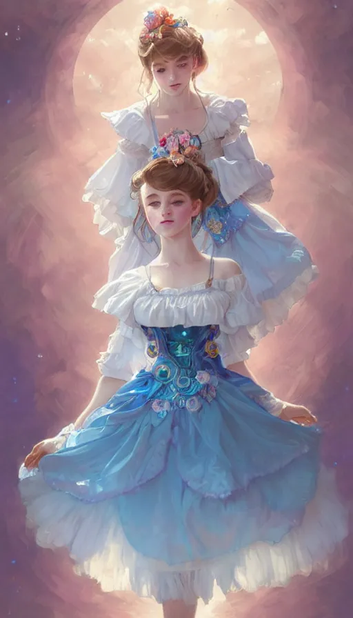 Prompt: portrait of magical lolita girl, dreamy and ethereal, blue eyes, peaceful expression, ornate frilly dress, fantasy, intricate, elegant, rainbow bubbles, highly detailed, digital painting, artstation, concept art, smooth, sharp focus, illustration, art by artgerm and greg rutkowski and alphonse mucha